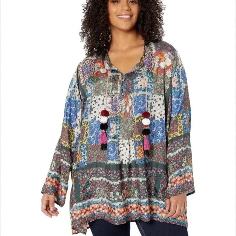 Johnny Was Silk Daisy Floral Tunic Blouse Women's L Long-Sleeve Patchwork Boho